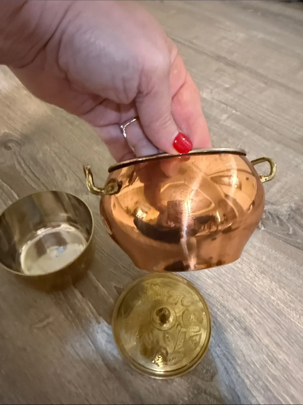 Sarna Etched Brass Bowl and Copper and Brass Handi Handled Pot  3 pieces Lot